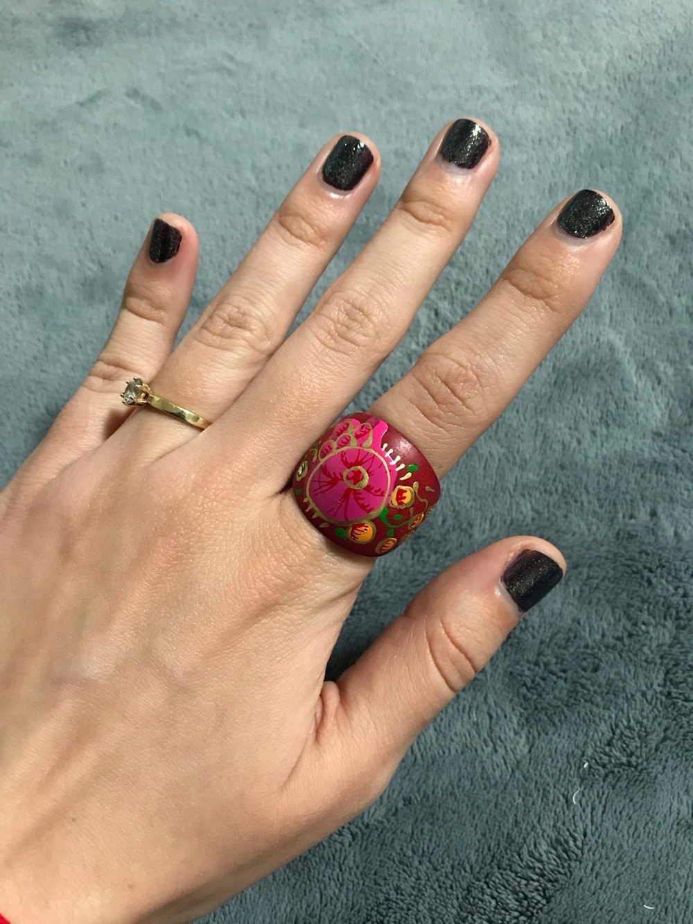 Dark Wine Red Hand Painted Wood Statement Chunky Ring Floral Design Size 8.75
